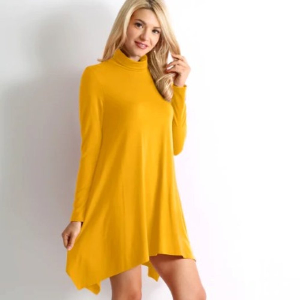 Simlu Rich Yellow Turtleneck Long Sleeve Asymmetrical Knit Dress